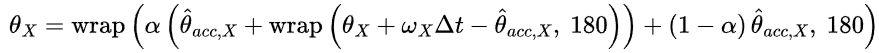 Complementary filter angle update equation for the X axis